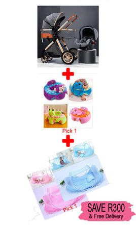 3 in 1 Foldable Baby Stroller Travel System (Grey) & Baby Plush Chair & Baby Sleeping Tent