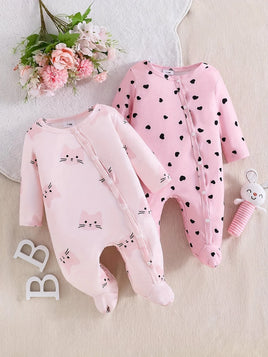 2PC Newborn Romper Set - Cats & Hearts