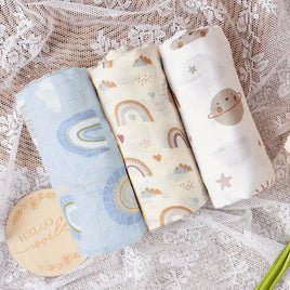 3-Pack Silky-Soft Bamboo Muslin Swaddles - Rainbow & Planet (Large)