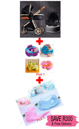 3 in 1 Foldable Baby Stroller Travel System (Black) & Baby Plush Chair & Baby Sleeping Tent