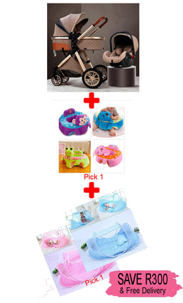 3 in 1 Foldable Baby Stroller Travel System (Khaki) & Baby Plush Chair & Baby Sleeping Tent