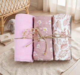 3-Pack Silky-Soft Cotton Muslin Swaddles - Floral & Earth