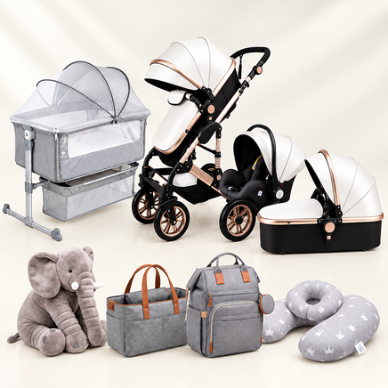 A baby travel and feeding set displayed on a light cream background, including a stroller, bassinet, car seat, diaper bag, backpack, plush elephant toy, and nursing pillow. The products are primarily white and gray with rose gold metallic accents.
