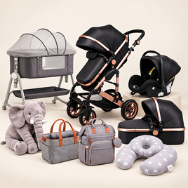 A coordinated baby travel and care set arranged on a light beige studio background, including a bassinet, stroller, infant car seat, bassinet, diaper bag, tote bag, plush elephant toy, and a gray star-patterned neck pillow.