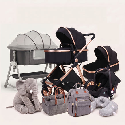 A baby travel system set displayed on a clean off-white background, including a bassinet, stroller, car seat, bassinet cover, diaper bag, neck pillow, and a gray elephant plush toy.