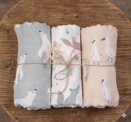 3-Pack Silky-Soft Cotton Muslin Swaddles - Bear, Fox & Duck