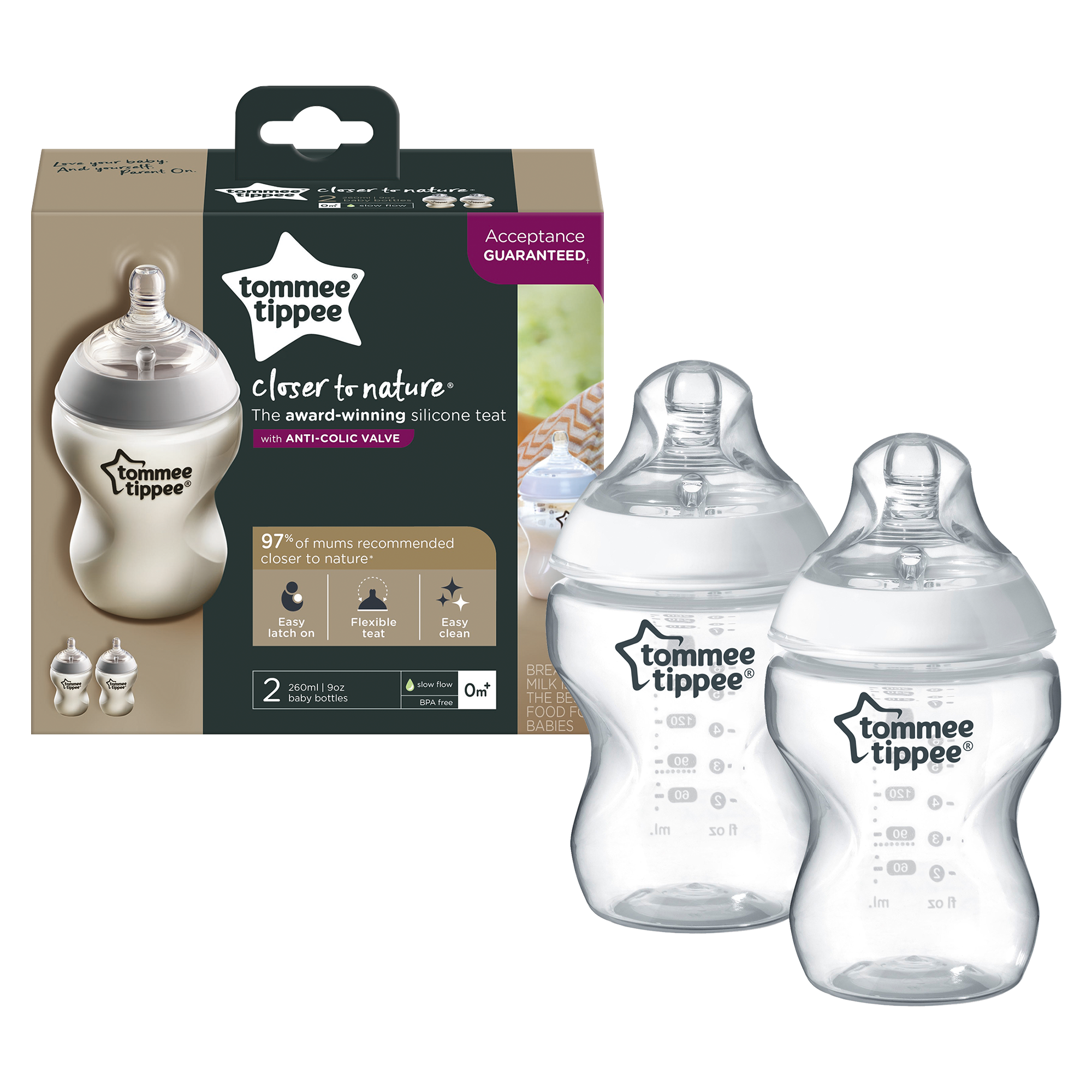 Tommee Tippee Closer to Nature - 260ml Bottle - 2 Pack 0M+