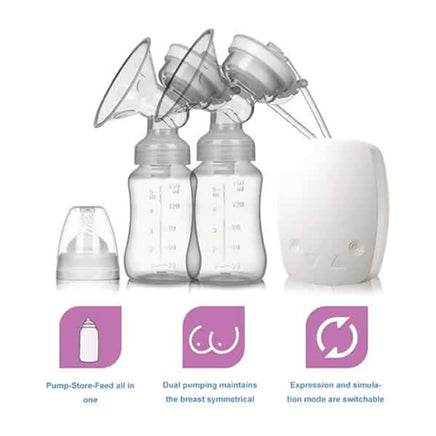 Double Electric Breast Pump, includes pump motor, 2 bottles, 1 lid and cap, white