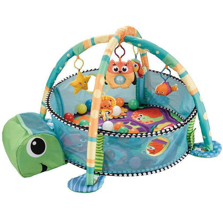 Turtle Activity Gym & Ball Pit, Blue mesh with green turtle head, includes 20 colourful balls, and 4 hanging toys ocean theme