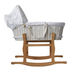 Snuggletime - Baby Moses Basket, white wicker basket with white inner and wooden rocking leggs. 0 to 9 months
