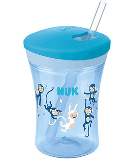 NUK Action Cup 230ml With Drinking Straw - Blue Monkeys